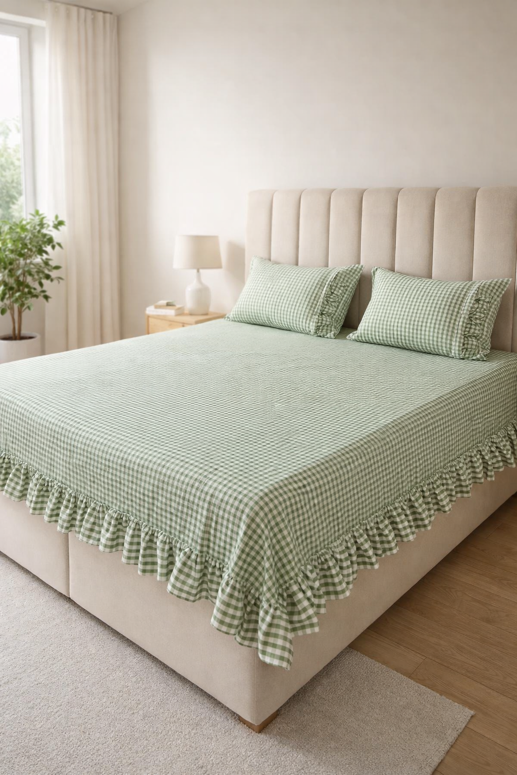 Green Gingham King Size Cotton Bedsheet with Ruffle Border