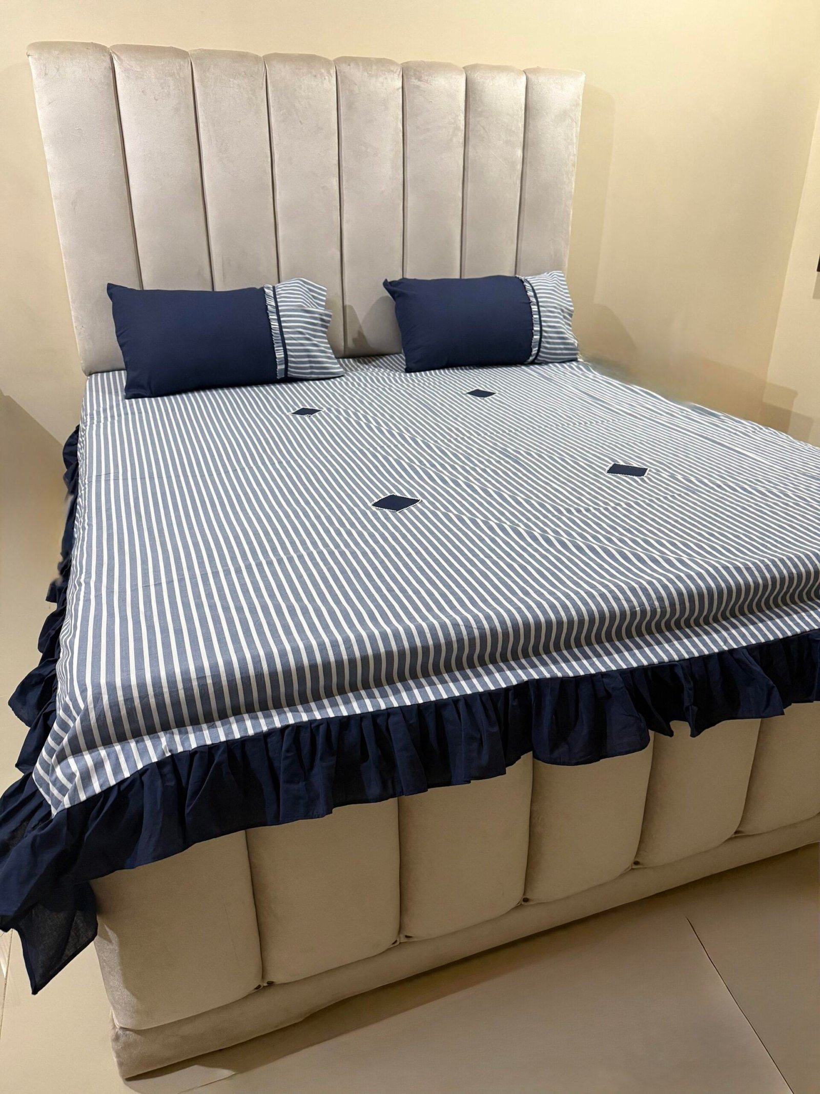 Navy Striped King Size Cotton Bedsheet with Ruffle Border - Image 3
