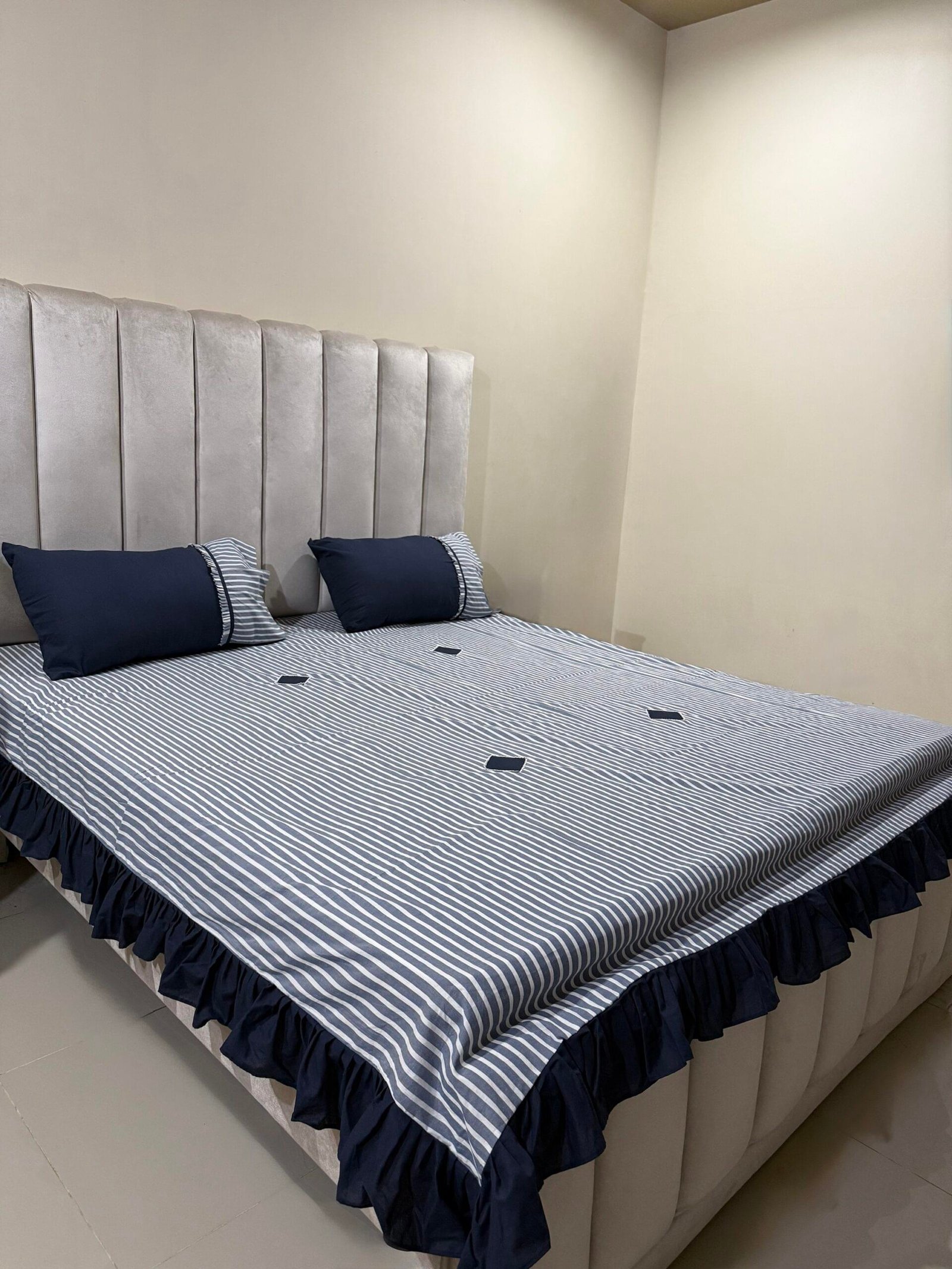 Navy Striped King Size Cotton Bedsheet with Ruffle Skirt