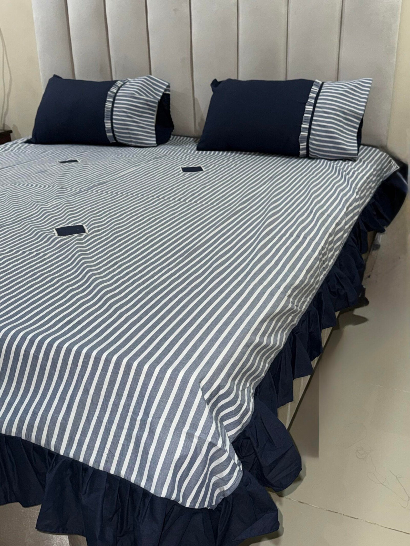 Navy Striped King Size Cotton Bedsheet with Ruffle Border - Image 2