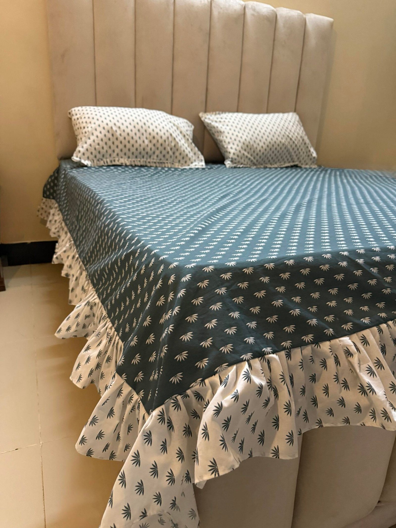 Dark Teal Geometric King Size Cotton Bedsheet with Ruffle Skirt