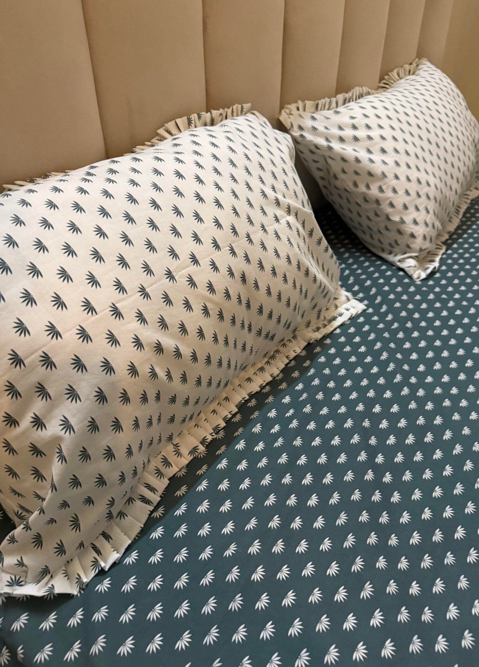 Dark Teal Geometric King Size Cotton Bedsheet with Ruffle Border - Image 2