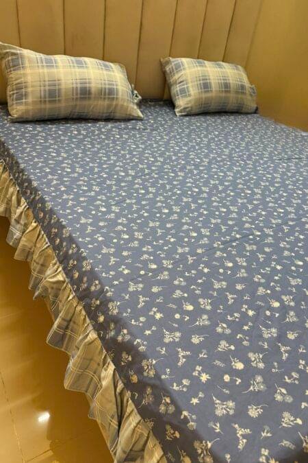 Blue Floral King Size Cotton Bedsheet with Ruffle Border