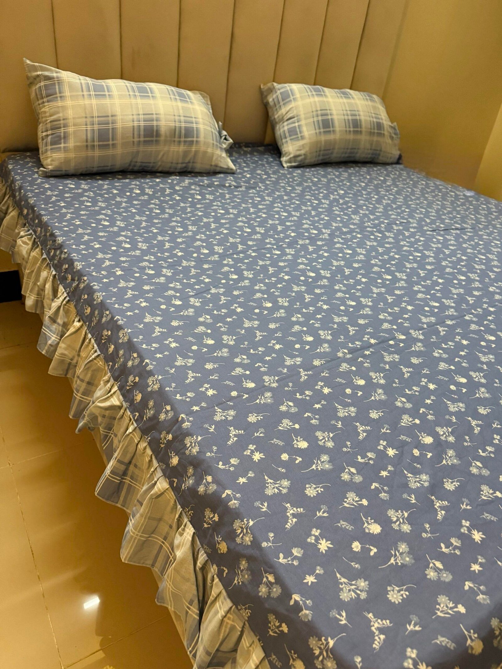 Blue Floral King Size Cotton Bedsheet with Ruffle Border